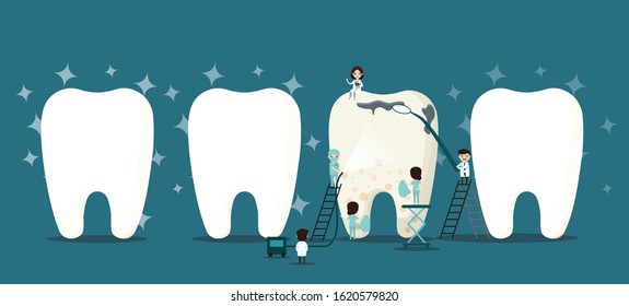 Group of small dentists are caring for a large tooth. Dental personage vector illustration. Illustration for children dentistry. Oral hygiene, teeth cleaning.