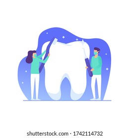 group of small dentists are caring for a large tooth. modern digital illustration with smooth shapes. Big tooth on the background.