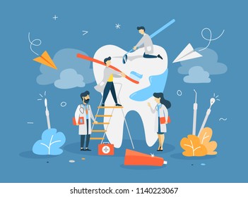 Group of small dentists in uniform treat giant tooth using medical equipment. Idea of dental care. Flat vector illustration