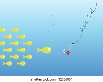 Group of small fishes has met a red bait on a hook
