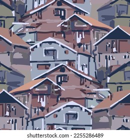 Group of small houses in a mountains with white walls and red tiled roofs. Serbia, Balkans. Vector repeated seamless border