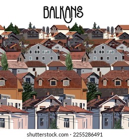 Group of small houses in a mountains with white walls and red tiled roofs. Serbia, Balkans. Vector repeated seamless border