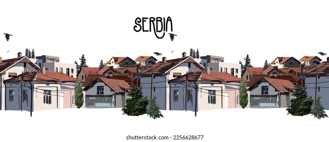 Group of small houses in a mountains with white walls and red tiled roofs. Serbia, Balkans. Vector repeated seamless border