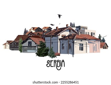 Pequeñas casas con paredes blancas y tejados de tejas rojas. Serbia, Balcanes. Elementos de diseño aislados del vector