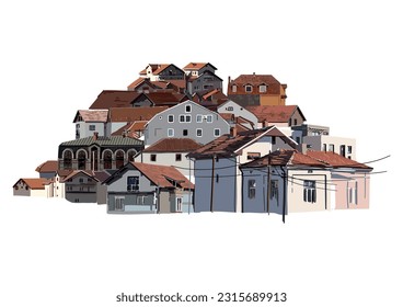 Group of small houses with white walls and red tiled roofs. Serbia, Balkans. Vector isolated design elements