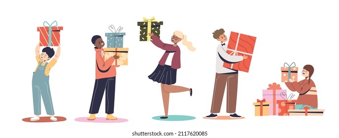 Group of small kids holding gifts. Preschool boys and girls with present boxes for christmas, birthday or new year holiday. Cartoon flat vector illustration