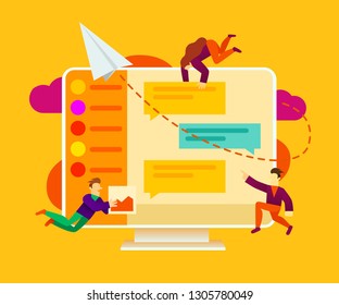 Group of small people doin conversation on social media or online chat application. Can be use for presentation, web, banner, landing page template. Vector illustration