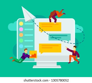 Group of small people doin conversation on social media or online chat application. Can be use for presentation, web, banner, landing page template. Vector illustration