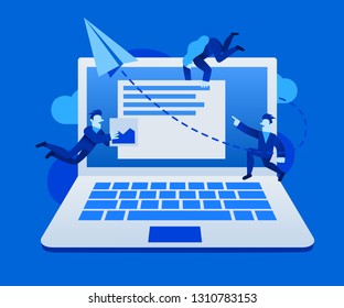 Group of small people doin UI and UX design or online chat application. Can be use for presentation, web, banner, landing page template. Vector illustration