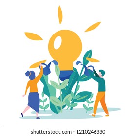 Group small people grow plants, ideas, startup, Vector illustration, creative idea. business concept analysis, innovation, lat style - light bulb growing from the flower.