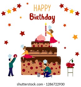 Group of small people - men and women - are cooking and decorating giant birthday cake, vector illustration, teamwork concept for party poster, banner, invitation
