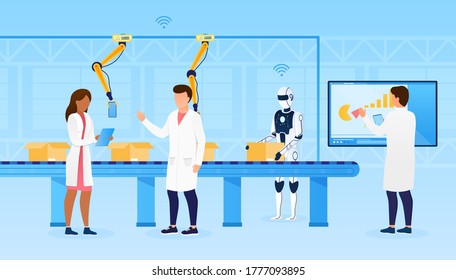 Group of smart factory engineers records and monitors production performance. The human robot works on the line and controls the robotic arm. Industry 4.0. Futuristic factory. Flat Vector Illustration