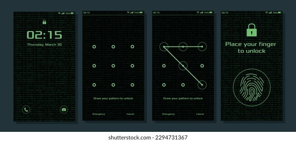 group of smartphone locked. HUD of smartphone number to identification. Draw your pattern to connect. modern and green light.