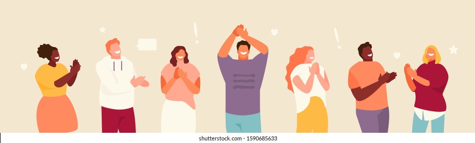 Group of smiling applauding people. Congratulation and ovation flat illustration banner