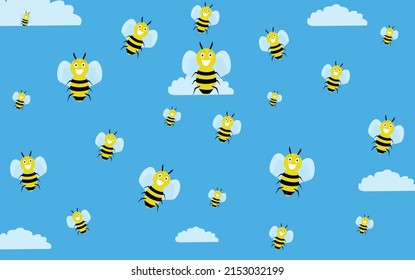group of smiling bees over blue sky with white clouds