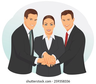 Group of smiling business people are showing unity with their hands