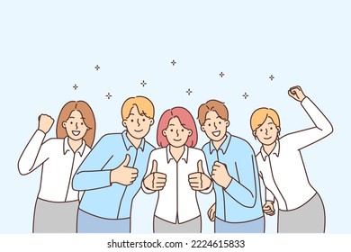 Grupo de empresarios sonrientes mostrando su aprobación celebrando el éxito de negocios compartido. Feliz equipo de trabajo animando a disfrutar de buenos resultados. Ilustración vectorial. Trabajo en equipo. 