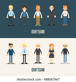 Group of smiling cartoon people standing on white and gray background. Our team banner, vector illustration. Teamwork and business team concept. Leadership and partnership. Business success.