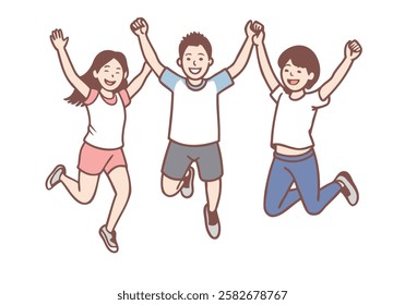 Group of smiling cheerful children friends jumping together during walk or party celebration. Hand drawn style vector design illustrations.
