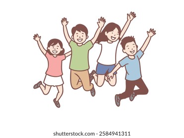 Group of smiling cheerful children friends jumping together during walk or party celebration. Hand drawn style vector design illustrations.
