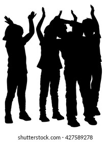 Group of smiling children, girl and boy applauding, vector silhouette illustration isolated on white background. Hands in the air. Kids gives applause for sport idol or magic trick. Happy kids crowd.