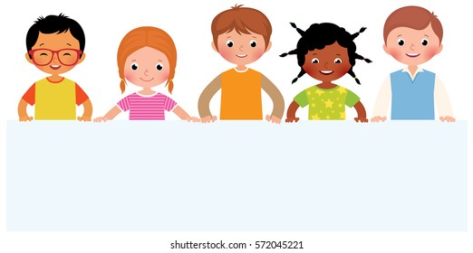 Group of smiling children hold white sheet paper stock vector illustration