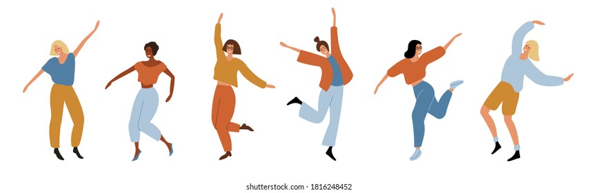 Group of smiling dancing girls. Young happy female dancers party. Women dancing. Isolated on white background. Cartoon flat style vector illustration