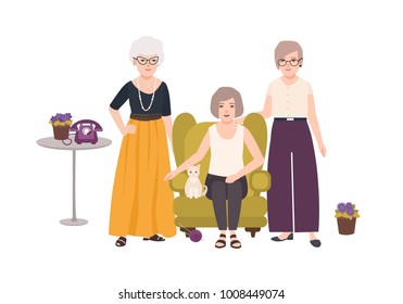 Group of smiling elderly women dressed in elegant clothes sitting in comfortable armchair and standing. Old ladies spending time together. Female cartoon characters. Colorful vector illustration.