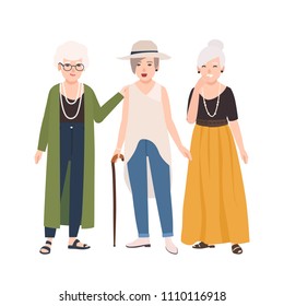 Group Of Smiling Elderly Women Dressed In Elegant Clothes Standing And Talking To Each Other. Old Ladies Walking Together. Female Cartoon Characters Isolated On White Background. Vector Illustration