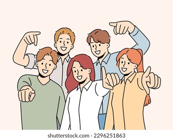 Group of smiling employees point at screen choose work candidate. Team of happy businesspeople choose you for employment or recruitment. Vector illustration. 