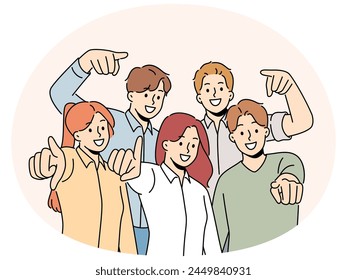 Group of smiling employees point at screen choose work candidate. Team of happy businesspeople choose you for employment or recruitment. Vector illustration.