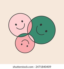 Group of smiling faces making an abstract shape together. Doodle emoji in 90s and y2k design. Postive symbol. Vector graphic