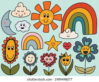Un grupo de flores sonrientes y personajes del cielo felices y llenos de vida