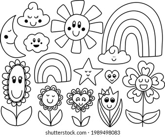 A Group of Smiling Flowers and Sky Characters who are Happy and Full of Life
