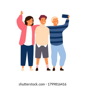 Group of smiling friends or classmates taking selfie use smartphone vector flat illustration. Happy children photographing together hold mobile phone isolated. Kids hugging enjoying friendship