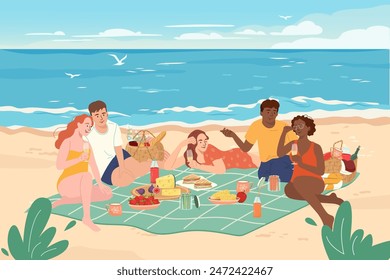 Group of smiling friends at picnic on seaside. Bundle of young men and women spend time together on seashore. Cute funny people with baskets having lunch on sandy beach. Flat vector illustration