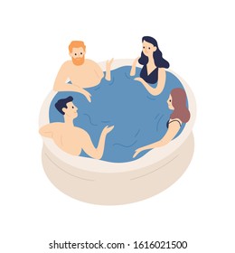 Group of smiling friends relaxing in jacuzzi vector flat illustration. Cartoon positive people in swimming pool isolated on white background. Concept of recreation leisure and communication.