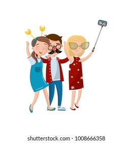 Group of smiling friends spending time together and taking selfie photo in club cartoon vector Illustration
