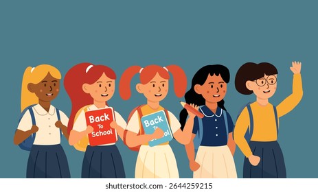 A group of smiling girls holding books while waving at school