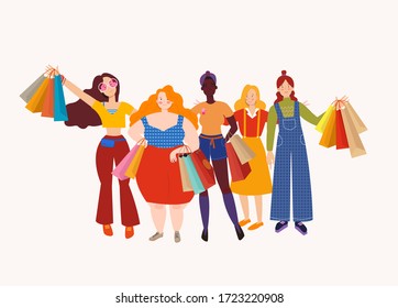 Group of smiling girls holding shopping bags. Women enjoy shopping, Sale, Summer shopping.