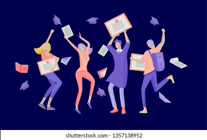 Group smiling graduates people in graduation gowns holding diplomas and happy Jumping. Vector illustration concept graduation ceremony cartoon style