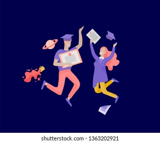 Group smiling graduates people in graduation gowns holding diplomas and happy Jumping. Vector illustration concept graduation ceremony cartoon style