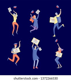 Group smiling graduates people in graduation gowns holding diplomas and happy Jumping. Vector illustration concept graduation ceremony cartoon style