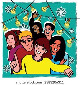 A group of smiling happy dancing men and women. Group of friends  in nicely decorated house, having fun while celebrating Diwali or New Year