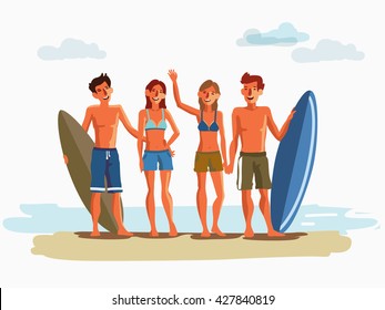 Group of smiling, happy, young friends with surfboards on beach