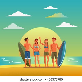 Group of smiling, happy, young friends with surfboards on beach. Travel, vacation, holidays and adventure vector concept illustration. Beach sunset background. Poster design style