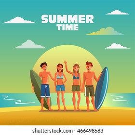 Group of smiling, happy, young friends with surfboards on beach. Travel, vacation, holidays and adventure vector concept illustration. Beach sunset background. Poster design style