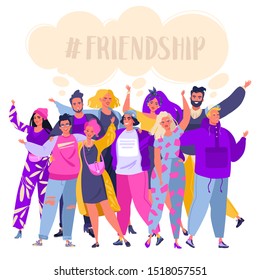 Group of smiling, happy, young people standing together, embracing each other, waving hands. Cute, joyful friends  isolated on white background. Friendship concept. Flat cartoon, vector illustration.
