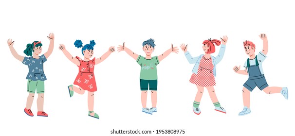 Group of smiling joyful kids standing in row. Pre-teens children smiling and greeting each other, flat vector illustration isolated on white background. Kindergarten or primary school boys and girls.