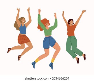 Group of smiling jumping girls. Young happy women celebrating success. Women dancing. Isolated on white background. Cartoon flat style vector illustration
